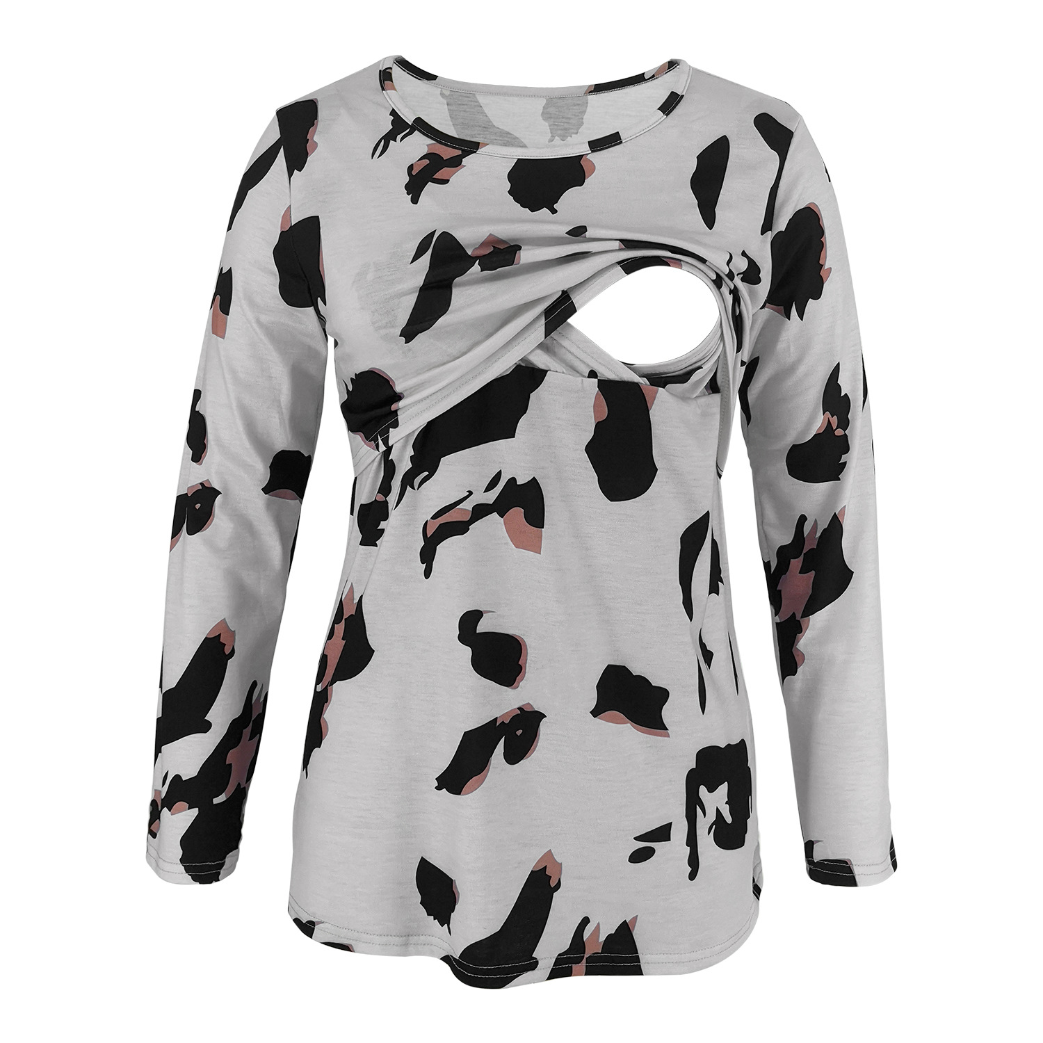 Leopard print long sleeve round neck maternity wear nursing T-shirt-001