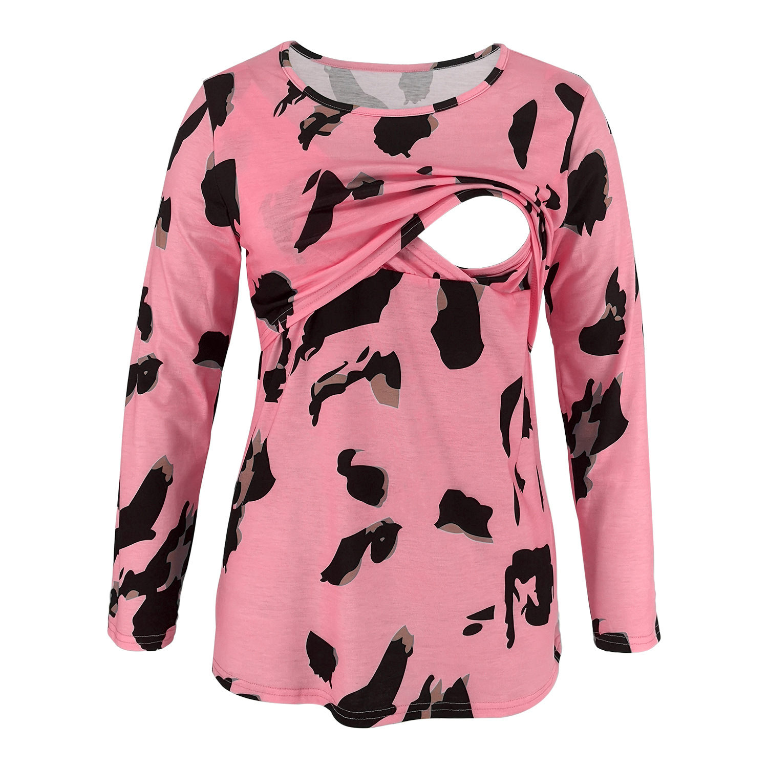 Leopard print long sleeve round neck maternity wear nursing T-shirt-001