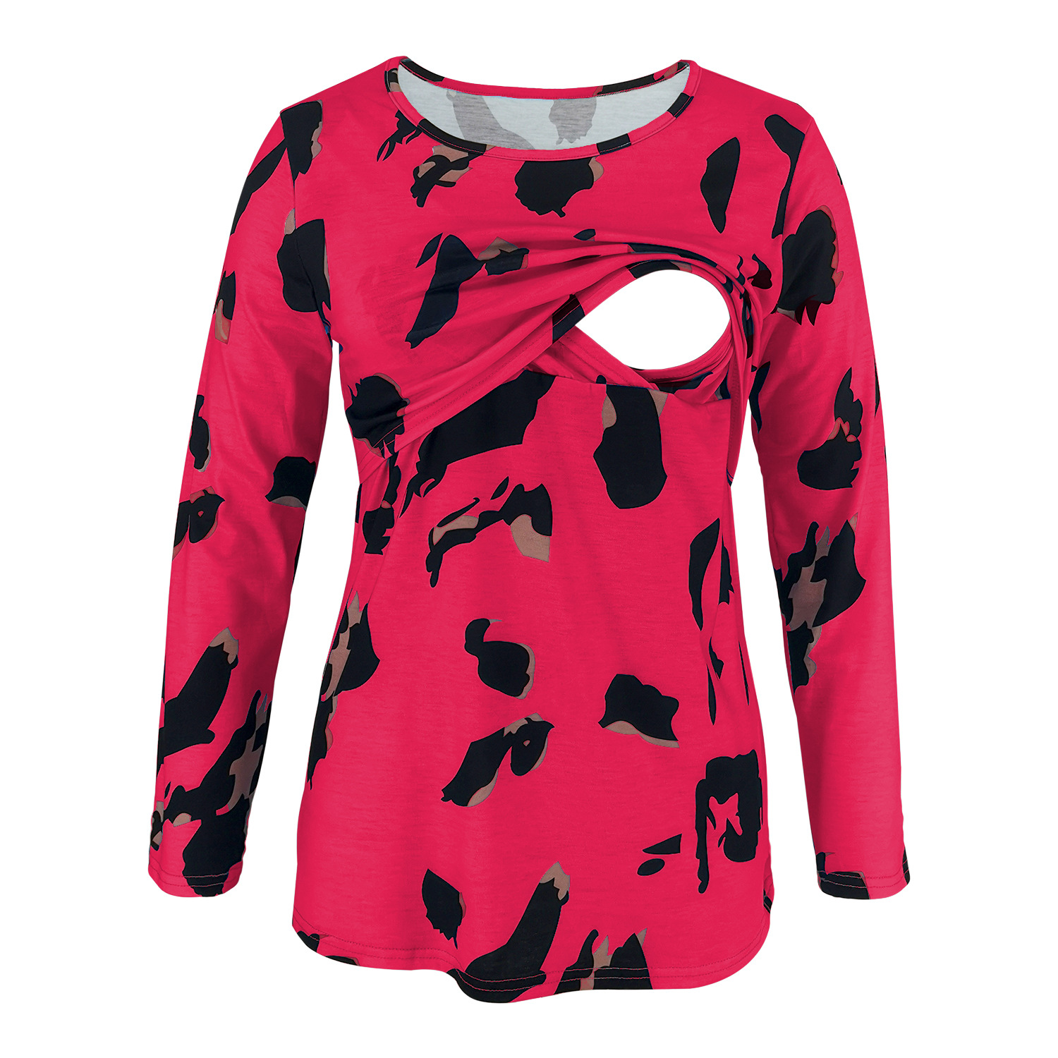 Leopard print long sleeve round neck maternity wear nursing T-shirt-001