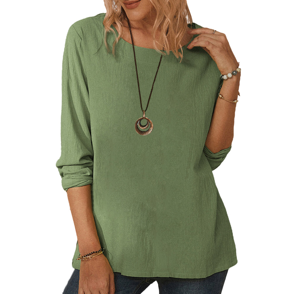Women's Amazon cotton and linen round neck long sleeve loose T-shirt-006