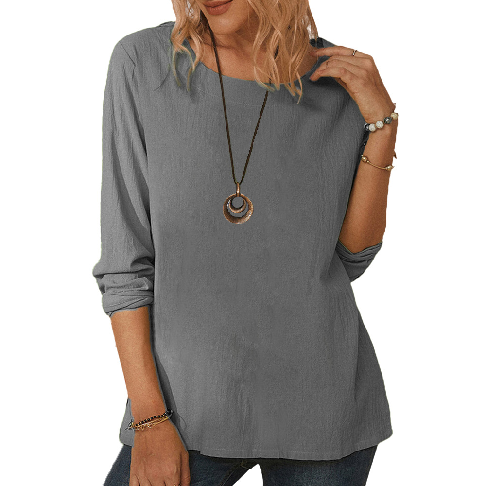 Women's Amazon cotton and linen round neck long sleeve loose T-shirt-006