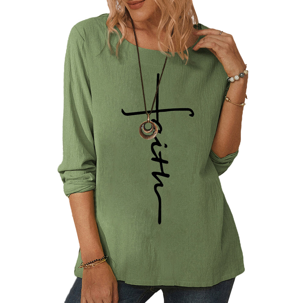 Women's Amazon round neck long sleeve printed casual top loose T-shirt-007