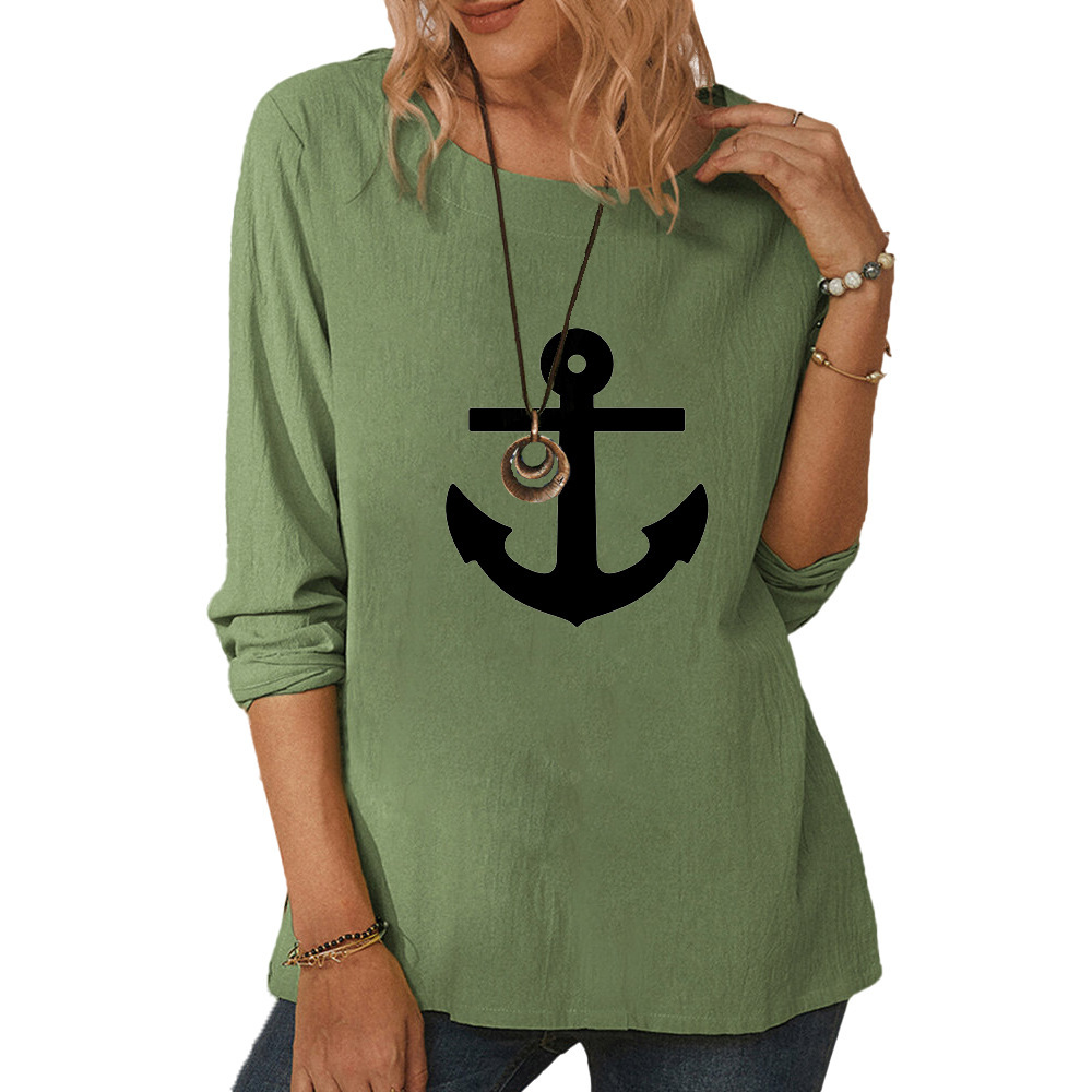 Women's round neck long sleeve anchor print T-shirt casual loose top-011 01