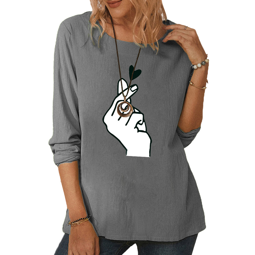 Women's round neck long sleeve love you gesture print casual loose top-010
