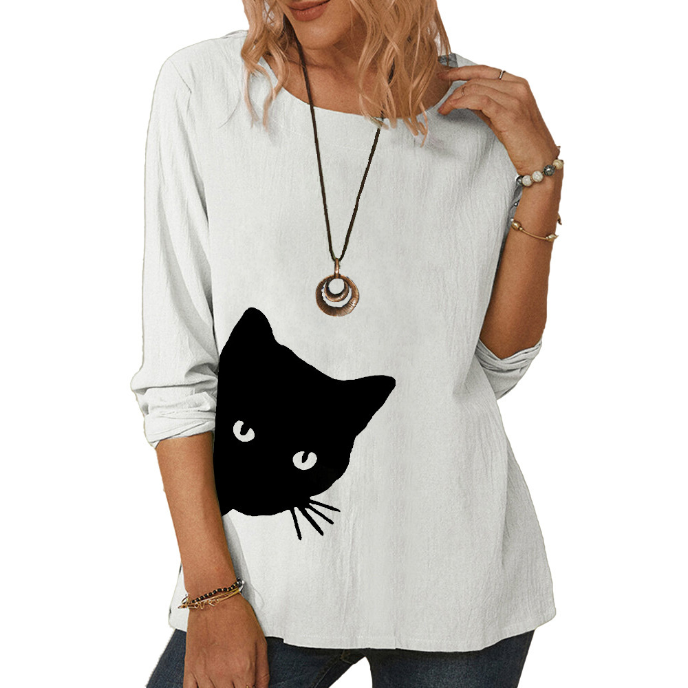 Women's long-sleeved cat head printed T-shirt casual loose top-020