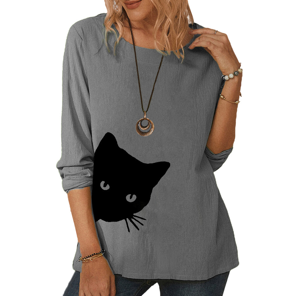 Women's long-sleeved cat head printed T-shirt casual loose top-020