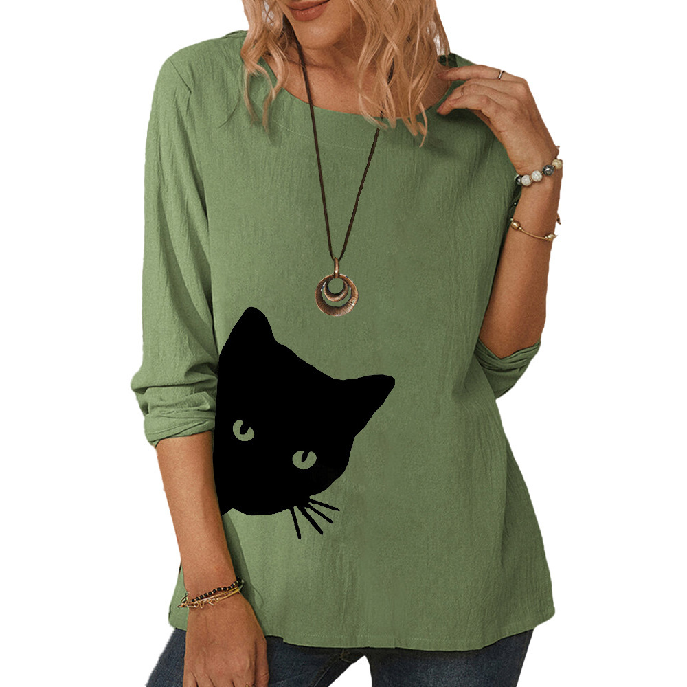 Women's long-sleeved cat head printed T-shirt casual loose top-020