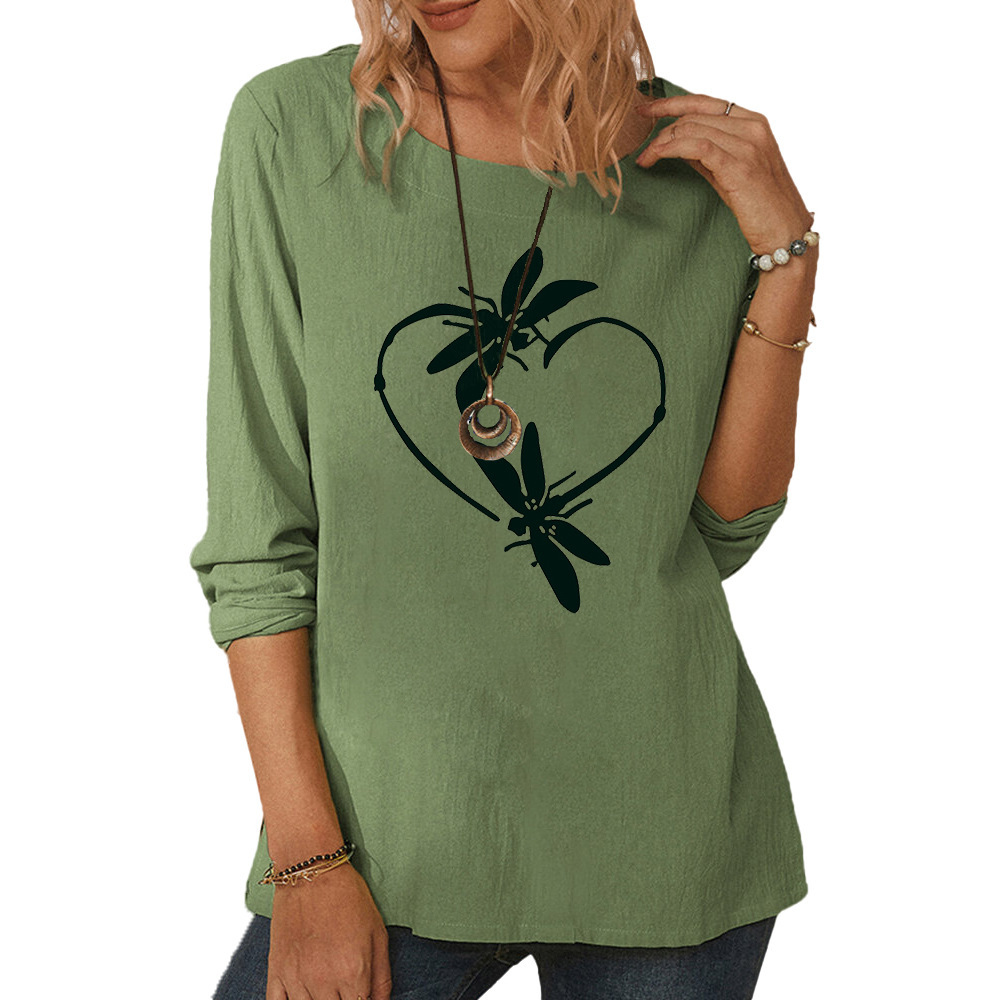 Women's round neck long sleeve dragonfly print T-shirt casual loose top-017