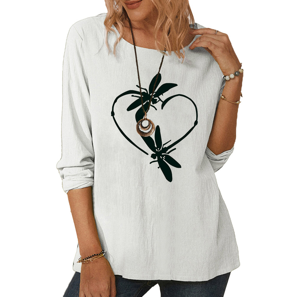 Women's round neck long sleeve dragonfly print T-shirt casual loose top-017