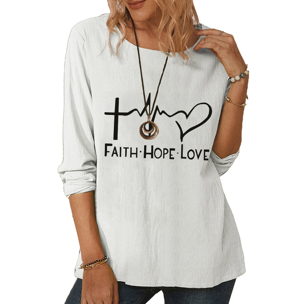 Women's round neck long sleeve FaithHopeLove printed loose top-005