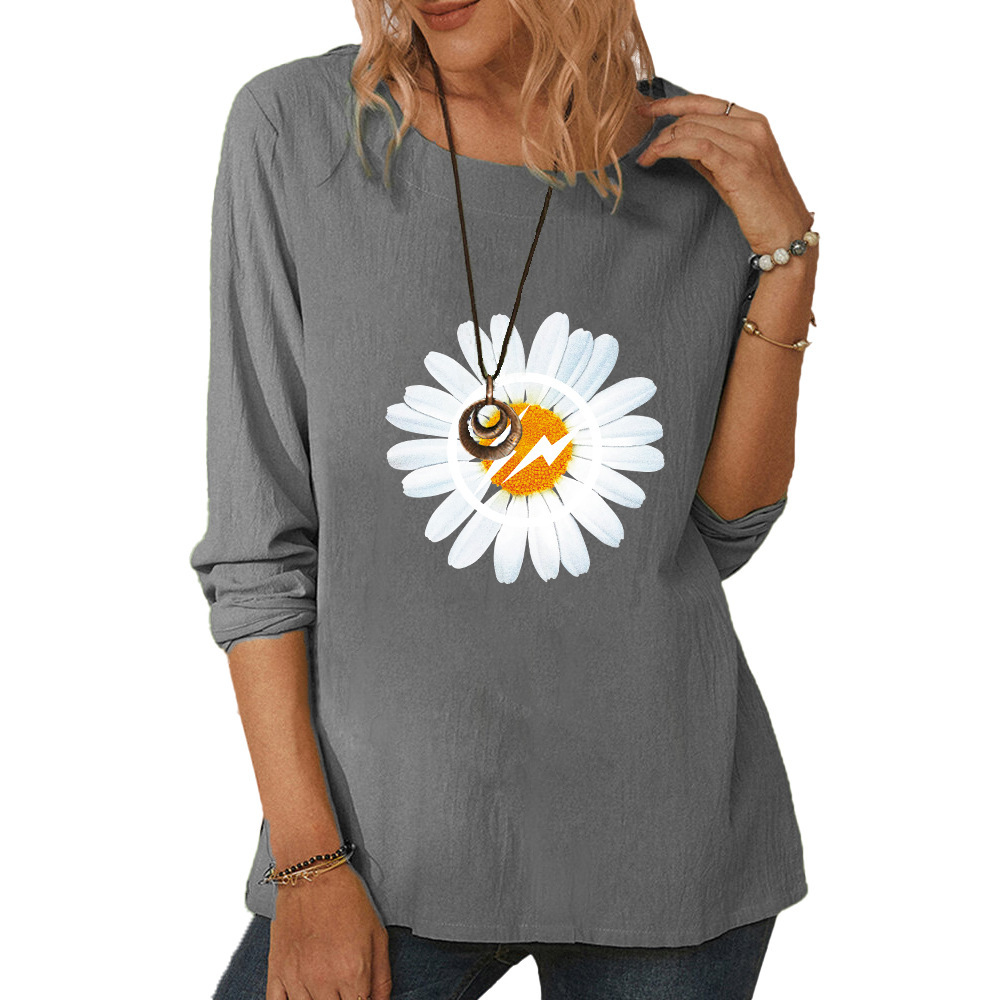 Women's round neck long sleeve lightning daisy print casual loose top-014