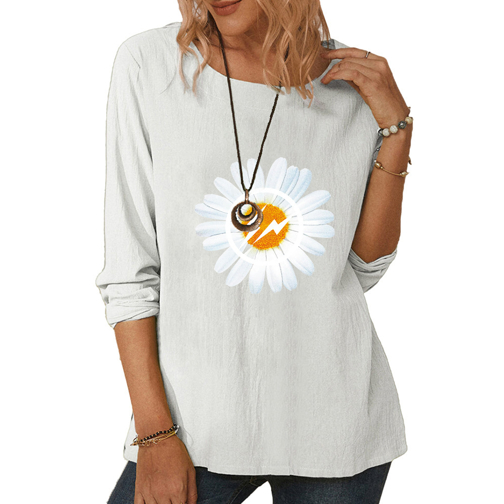Women's round neck long sleeve lightning daisy print casual loose top-014