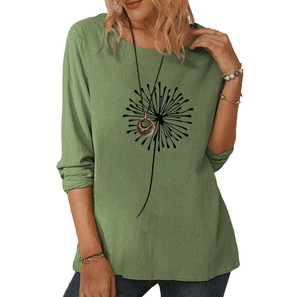 Women's long sleeve dandelion outline print casual loose top-019