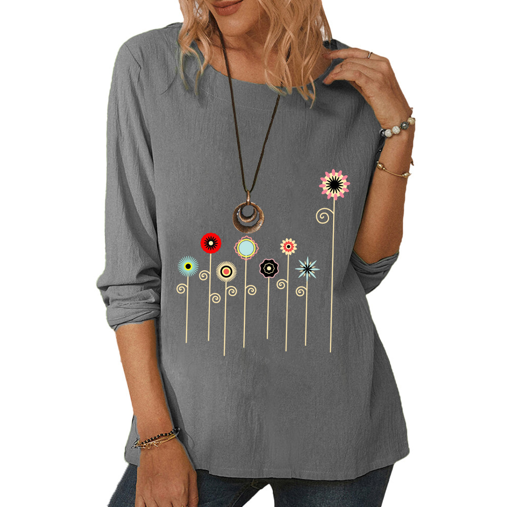 Women's round neck long sleeve floral print casual loose top-012