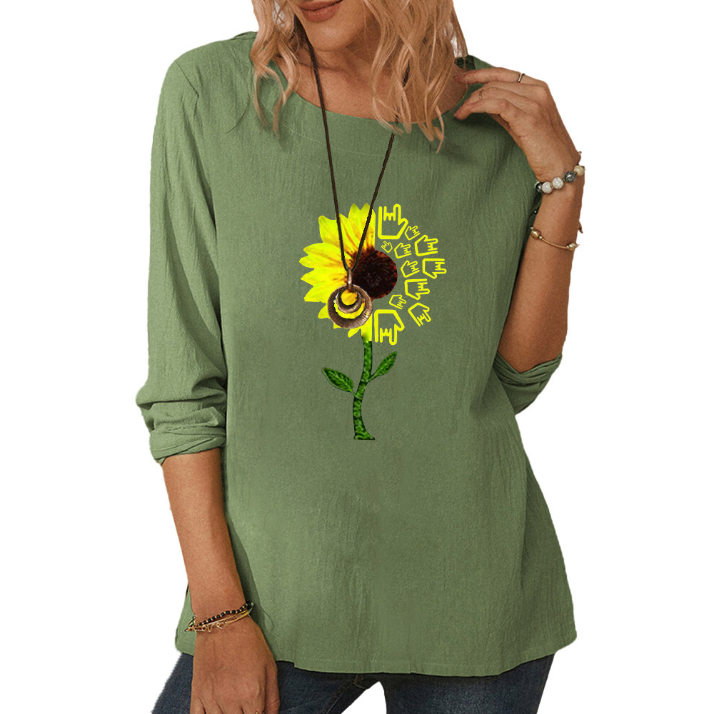 Women's round neck long sleeve chrysanthemum print casual loose top-013