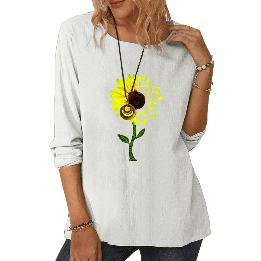 Women's round neck long sleeve chrysanthemum print casual loose top-013