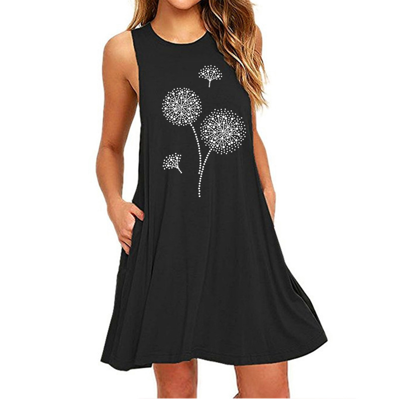 Rennifu dandelion print sleeveless slim fit A-line dress for women-031