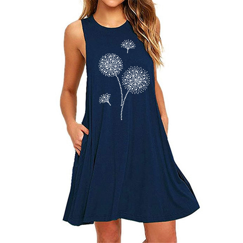 Rennifu dandelion print sleeveless slim fit A-line dress for women-031
