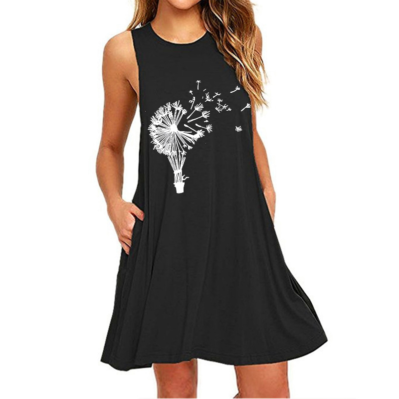 Dandelion print sleeveless slim fit A-line dress female-032