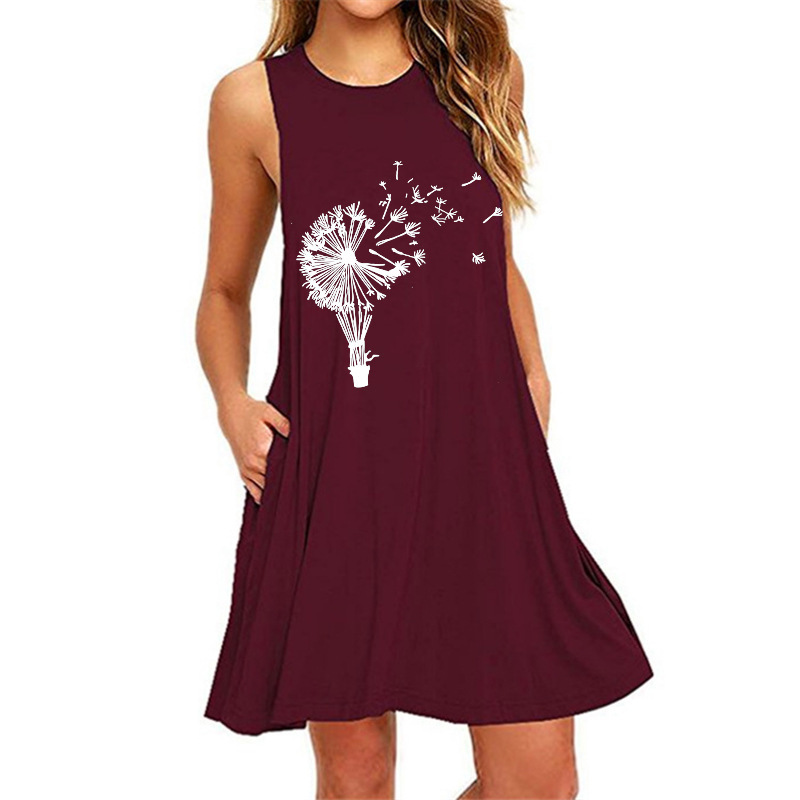 Dandelion print sleeveless slim fit A-line dress female-032