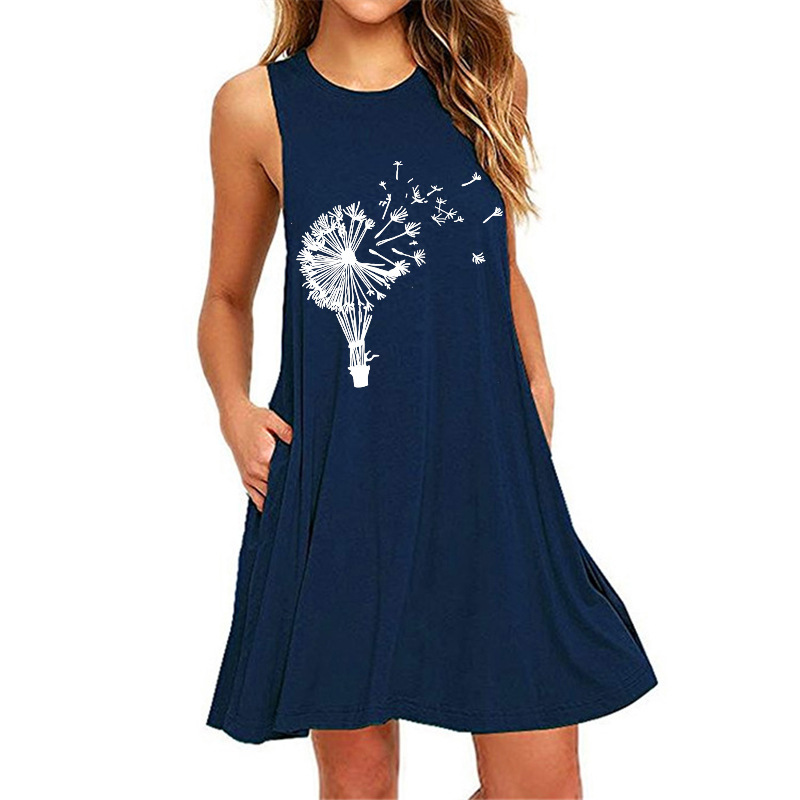 Dandelion print sleeveless slim fit A-line dress female-032