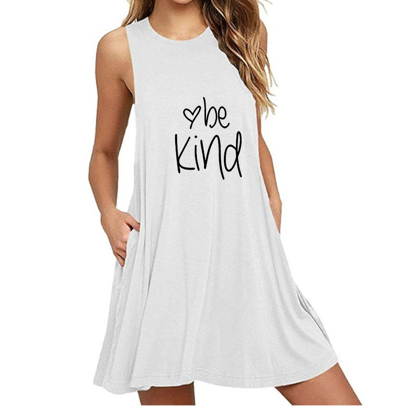 Printed sleeveless slim dress women's pocket-036