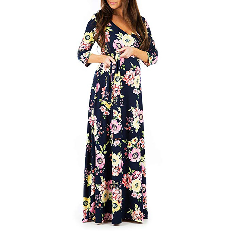 Three-quarter sleeve floor-length dress evening dress printed dress-062