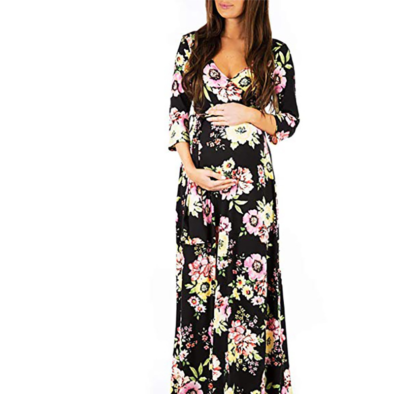 Three-quarter sleeve floor-length dress evening dress printed dress-062