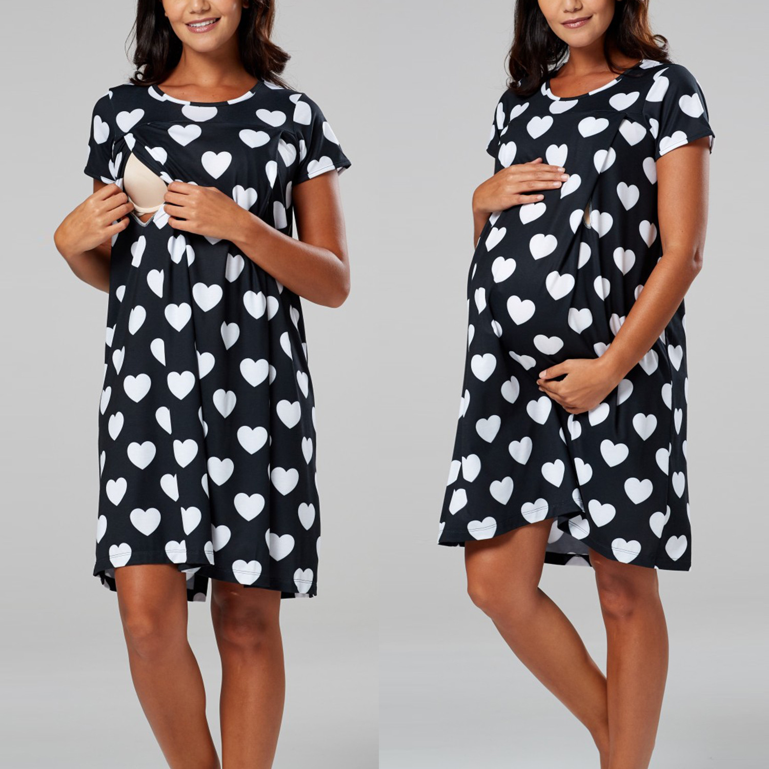 Printed maternity dress with invisible openings on both sides-064