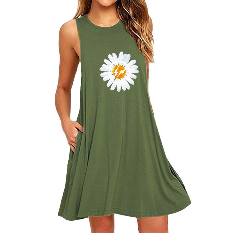 Daisy print sleeveless slim fit A-line dress female-026 01