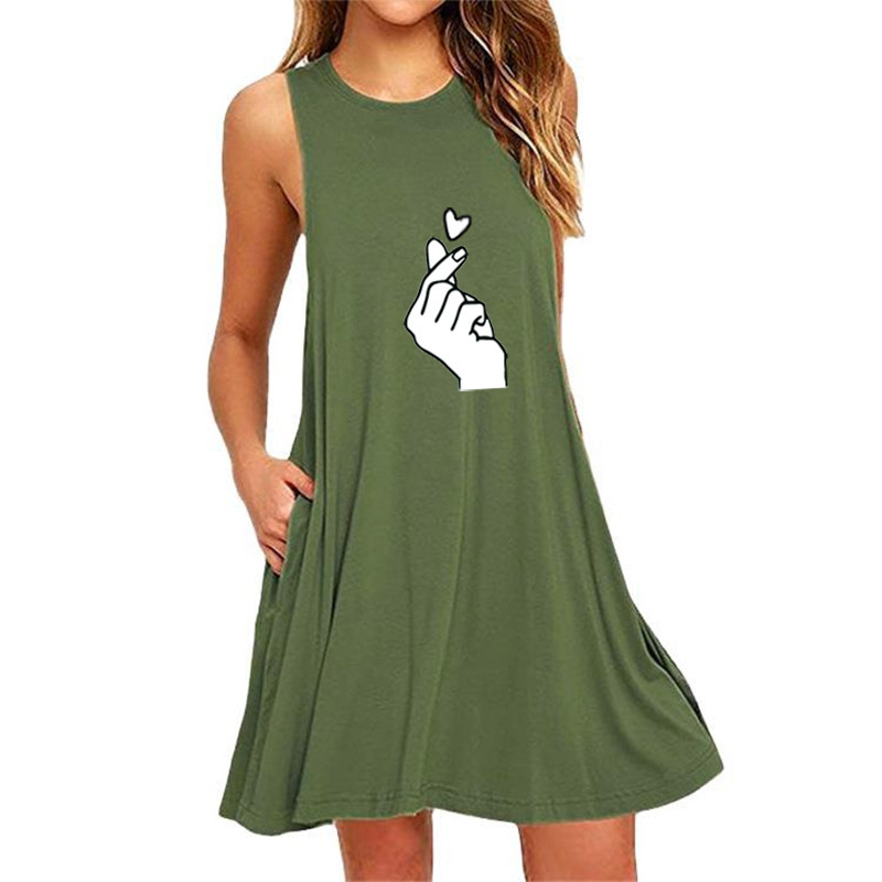 Love you gesture print sleeveless pocket A-line slim dress-024 02