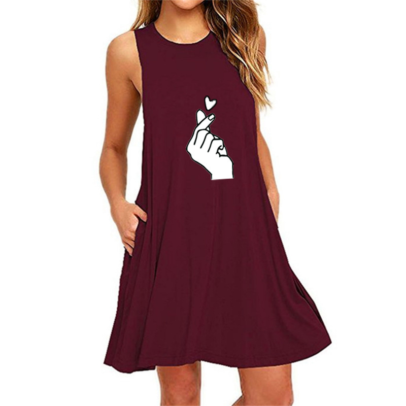 Love you gesture print sleeveless pocket A-line slim dress-024