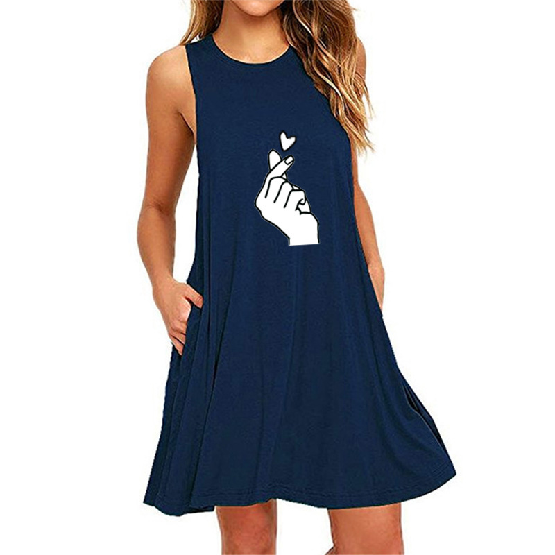 Love you gesture print sleeveless pocket A-line slim dress-024
