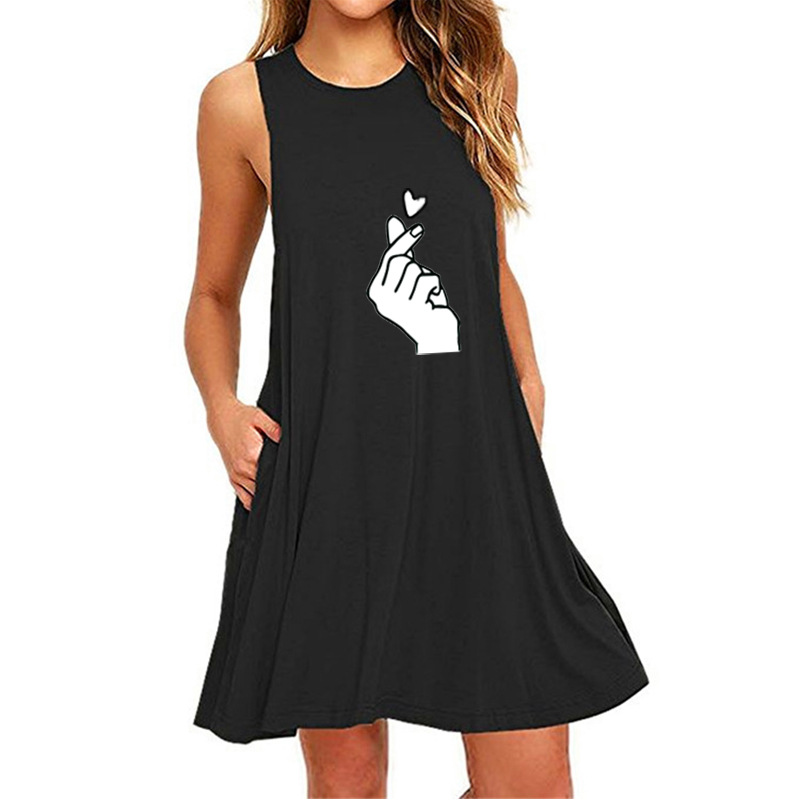 Love you gesture print sleeveless pocket A-line slim dress-024