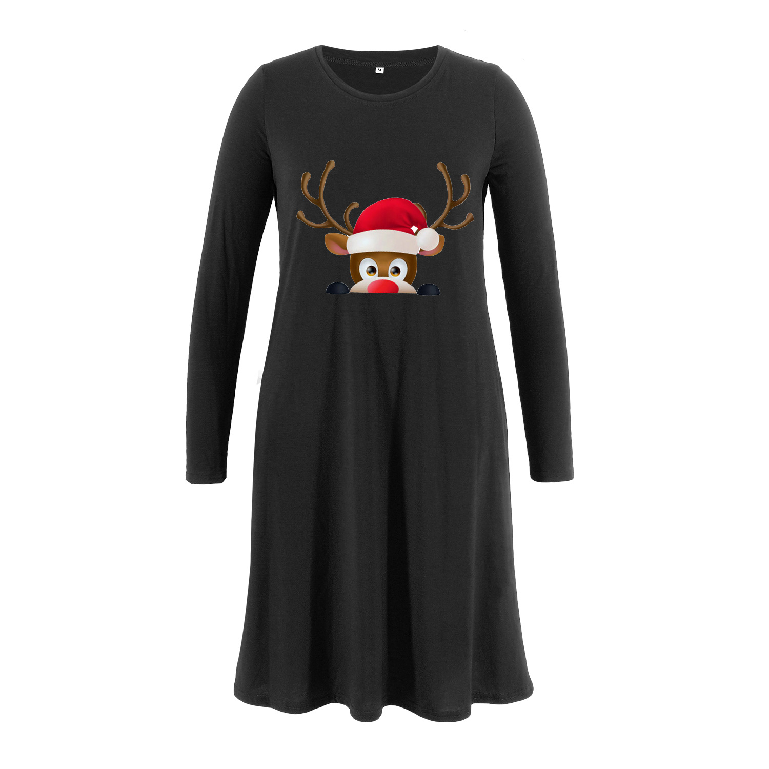 Maternity wear with Christmas hat and deer head print pocket dress-041 02