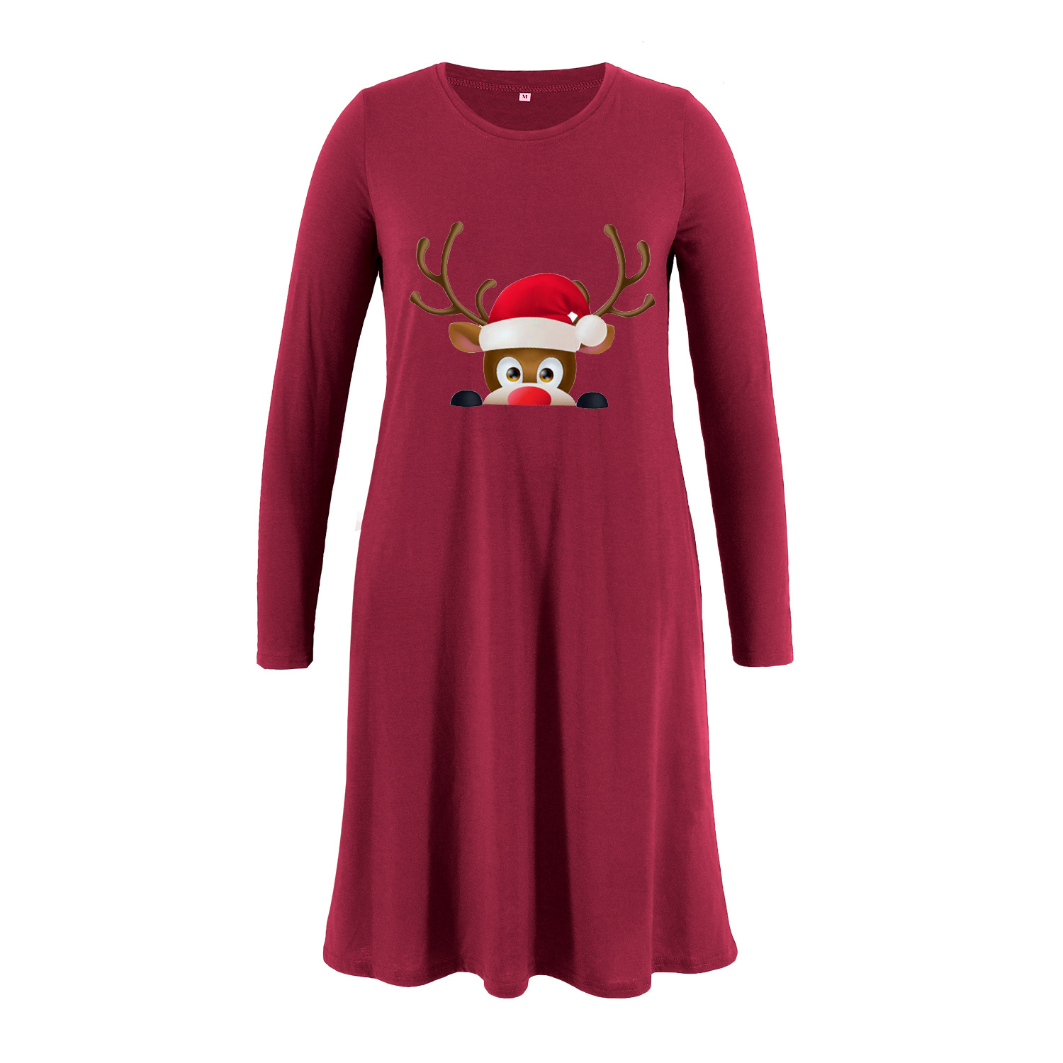 Maternity wear with Christmas hat and deer head print pocket dress-041