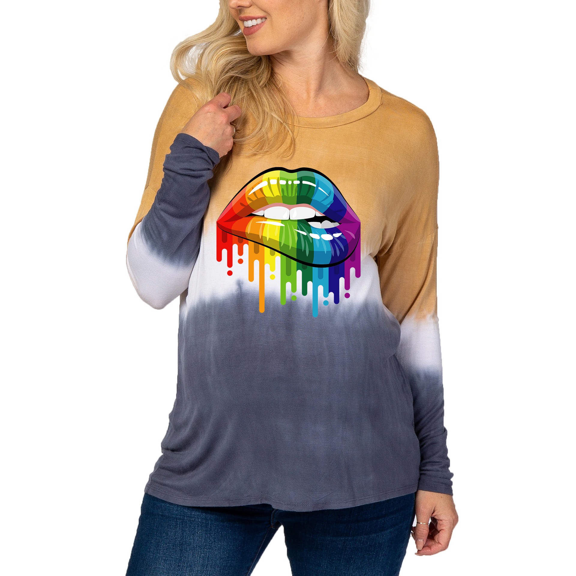 Tie-dyed gradient lip print long-sleeved T-shirt-046