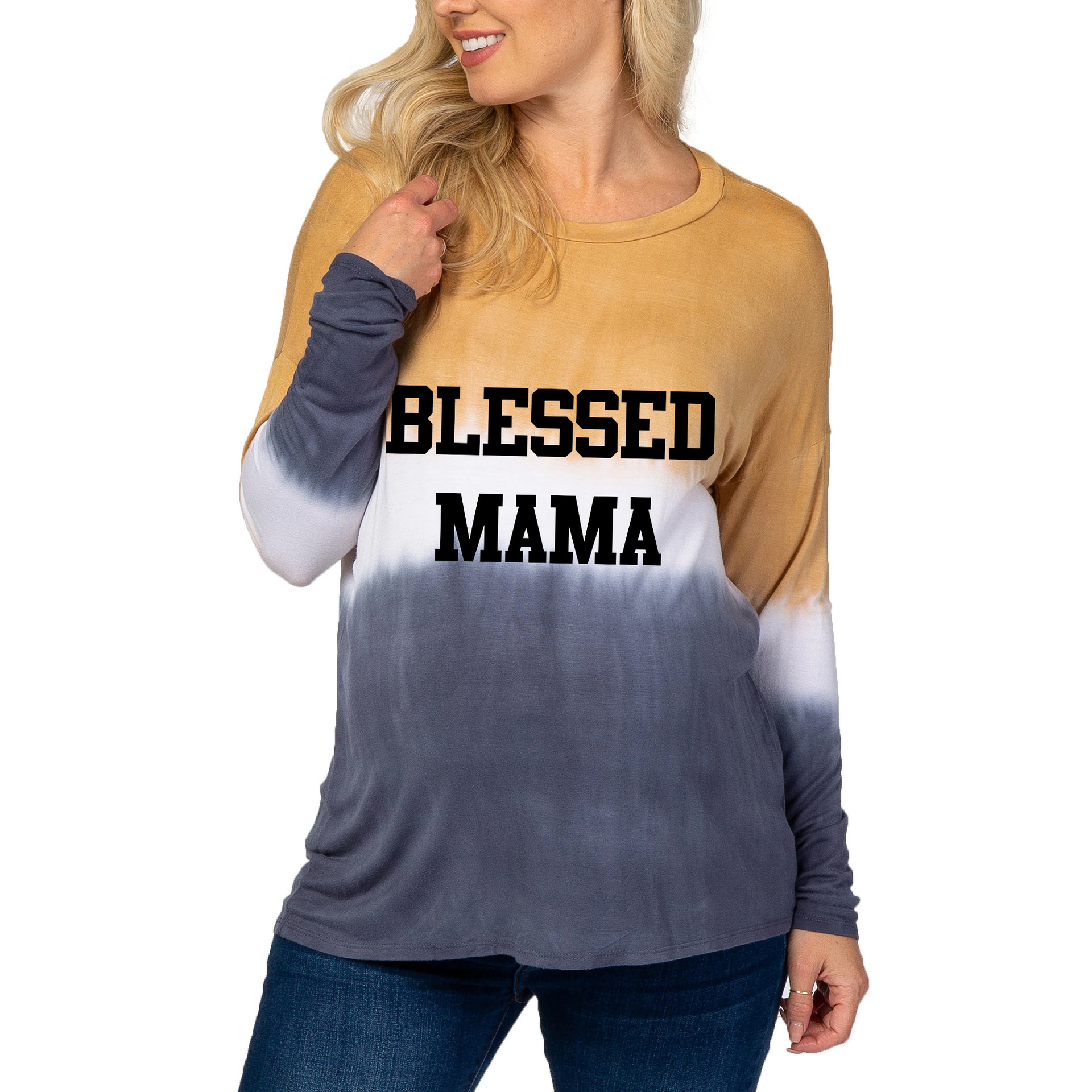 Maternity wear tie-dye gradient print round neck long-sleeved T-shirt-049