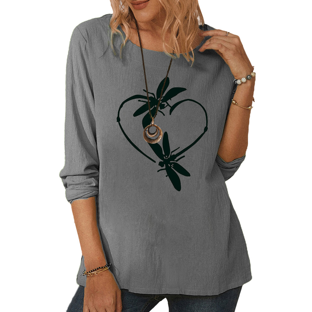 Women's round neck long sleeve dragonfly print casual loose top-016