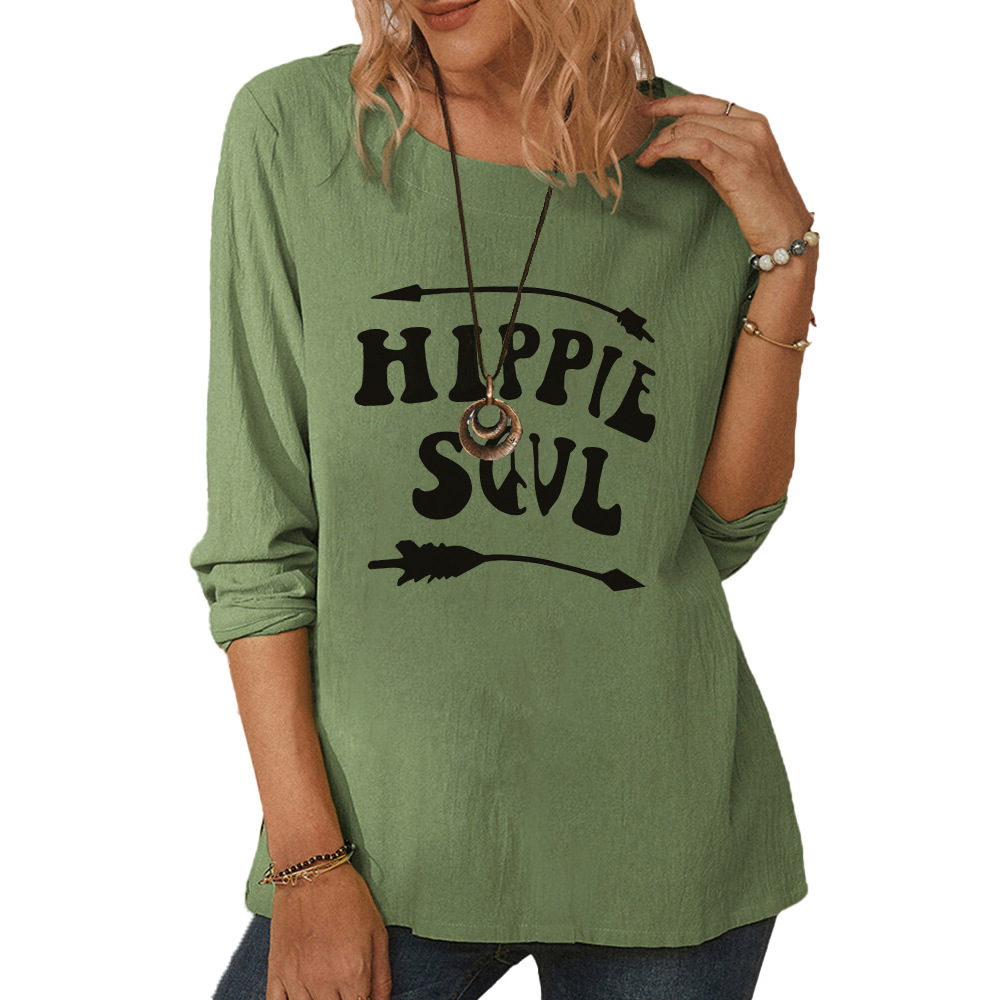 Women's round neck long sleeve hippie print casual loose top-008