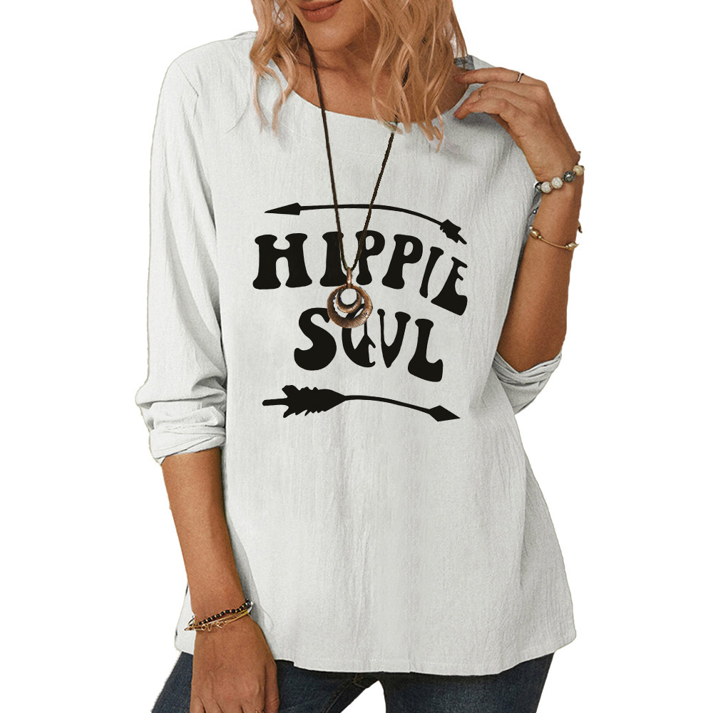 Women's round neck long sleeve hippie print casual loose top-008