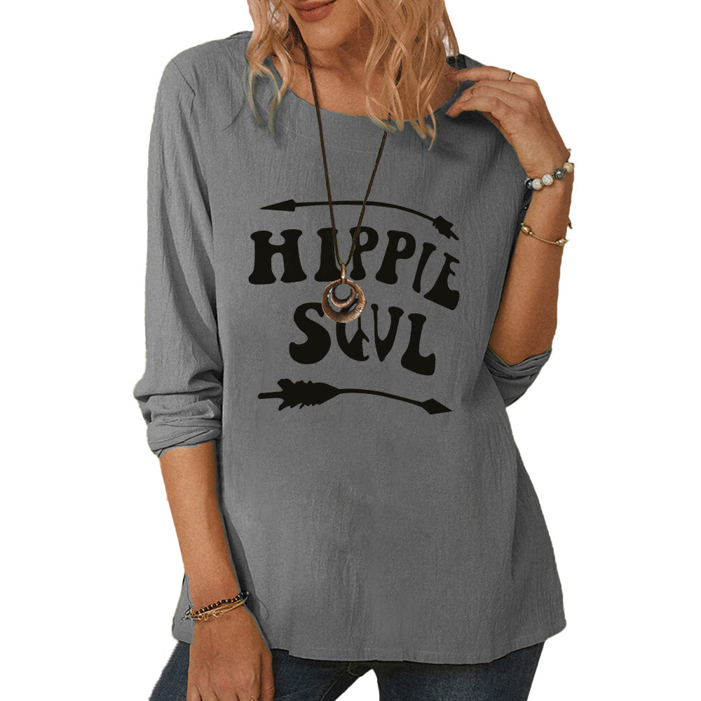 Women's round neck long sleeve hippie print casual loose top-008