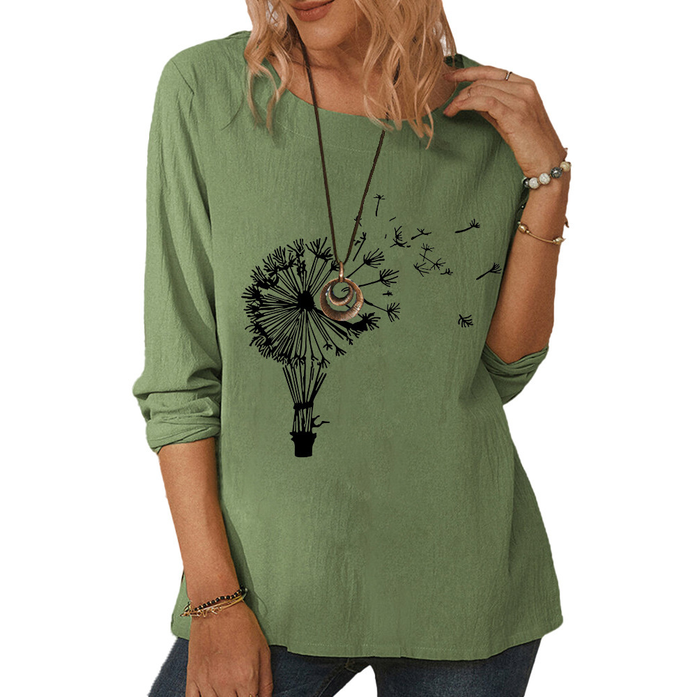 Round neck long sleeve dandelion print casual loose top-018 01