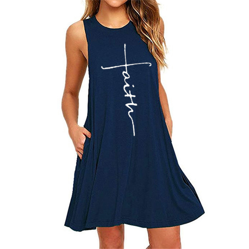 Rennifu printed sleeveless pocket A-line slim dress-022