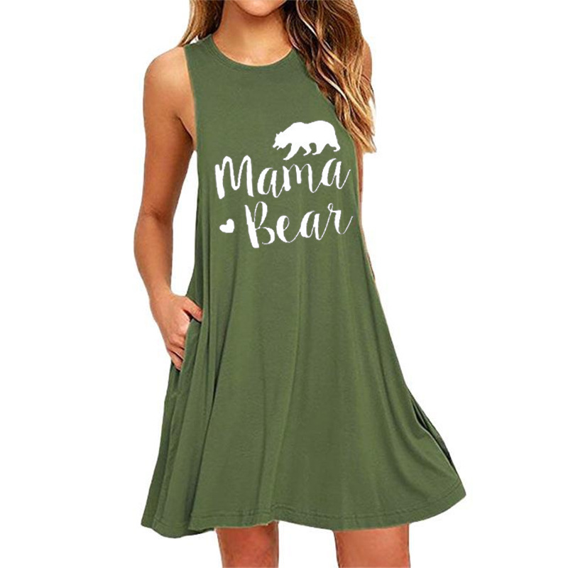 Printed sleeveless pocket slim dress-023