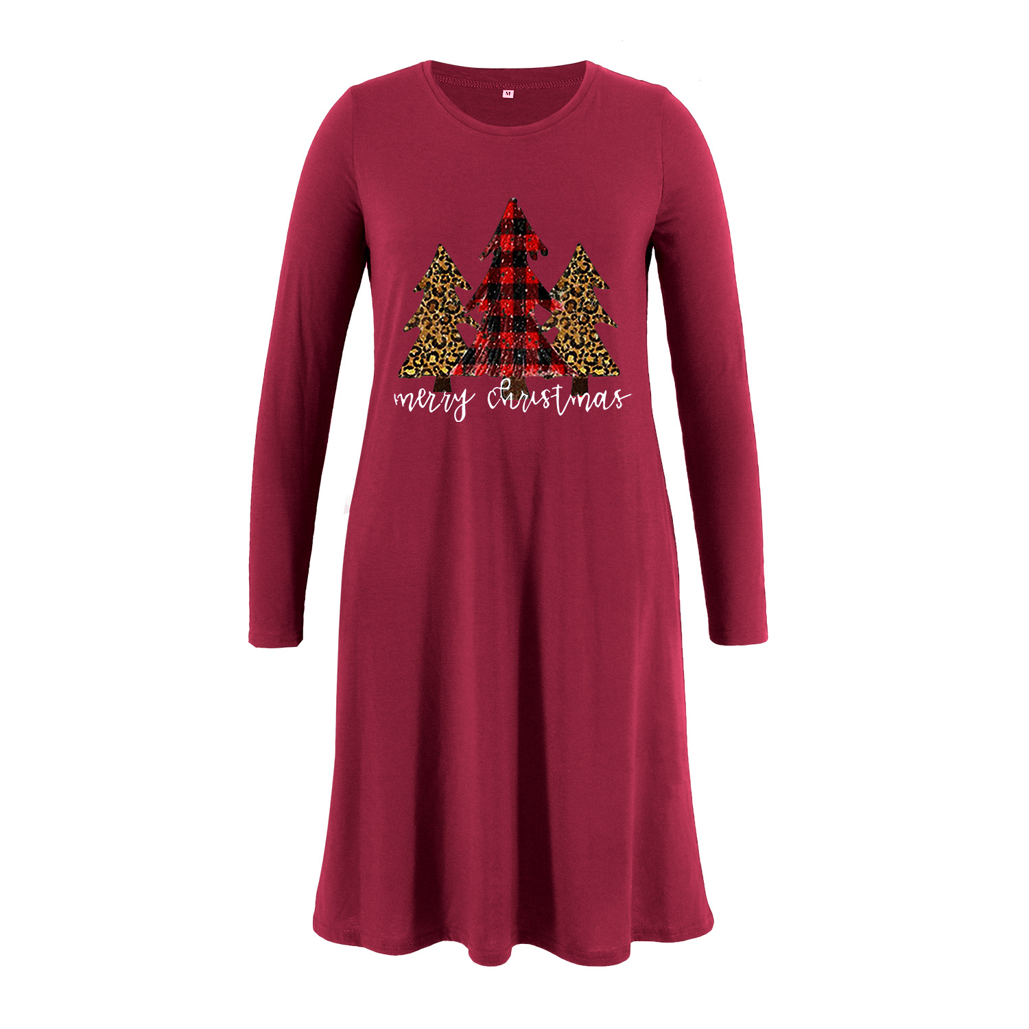 Maternity Christmas tree print long sleeve pocket dress-040