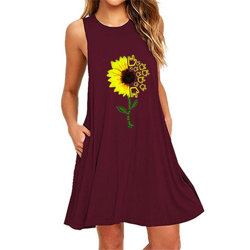 Women's printed sleeveless slim A-line dress-025